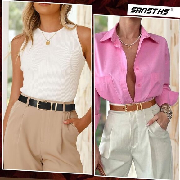 Women Belt Faux Leather 1inch Wide Adjustable Gold Buckle for Jeans Pants main image 4
